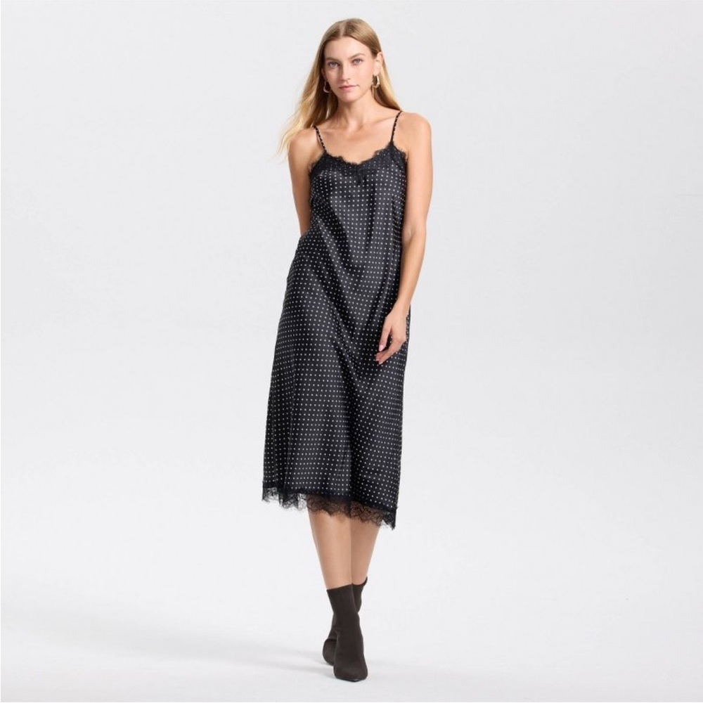 A new day polka dot satin lace slip midi dress